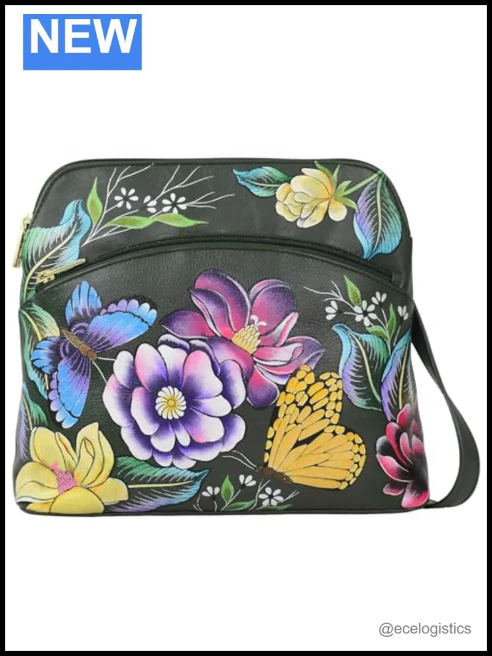 Hand-Painted Genuine Leather Medium Crossbody with Floral Butterfly Art